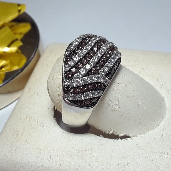 Estate 1.5ctw Round Chocolate & White Diagonal CZ Sterling Silver Dome Ring17003 - Picture 2 of 5